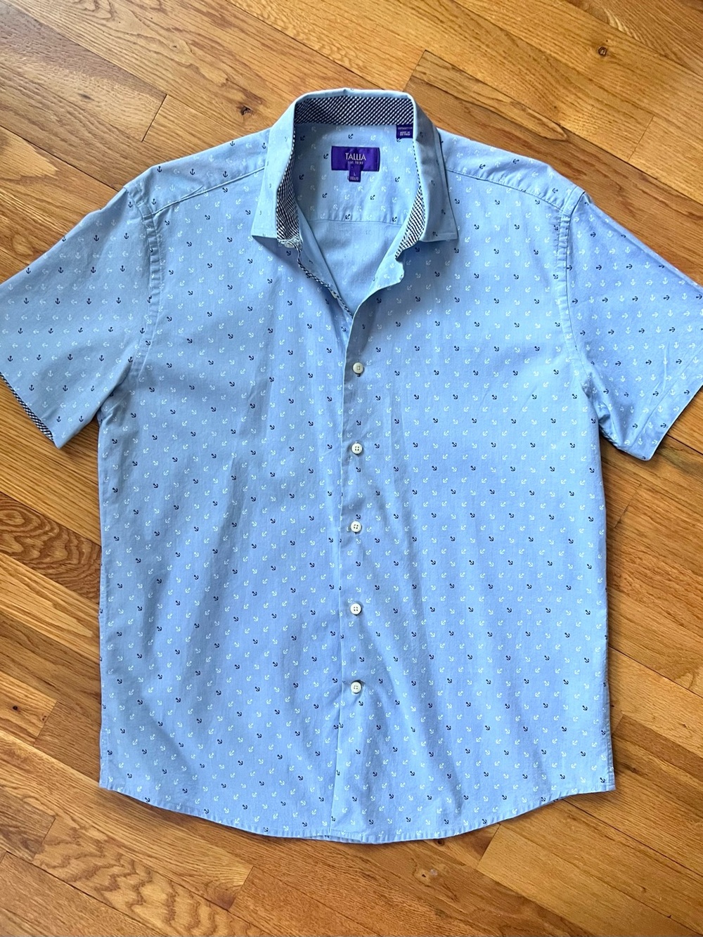 Tallia Men's Blue Mini Anchor Print Short Sleeve Button-Up Shirt (L) Like New